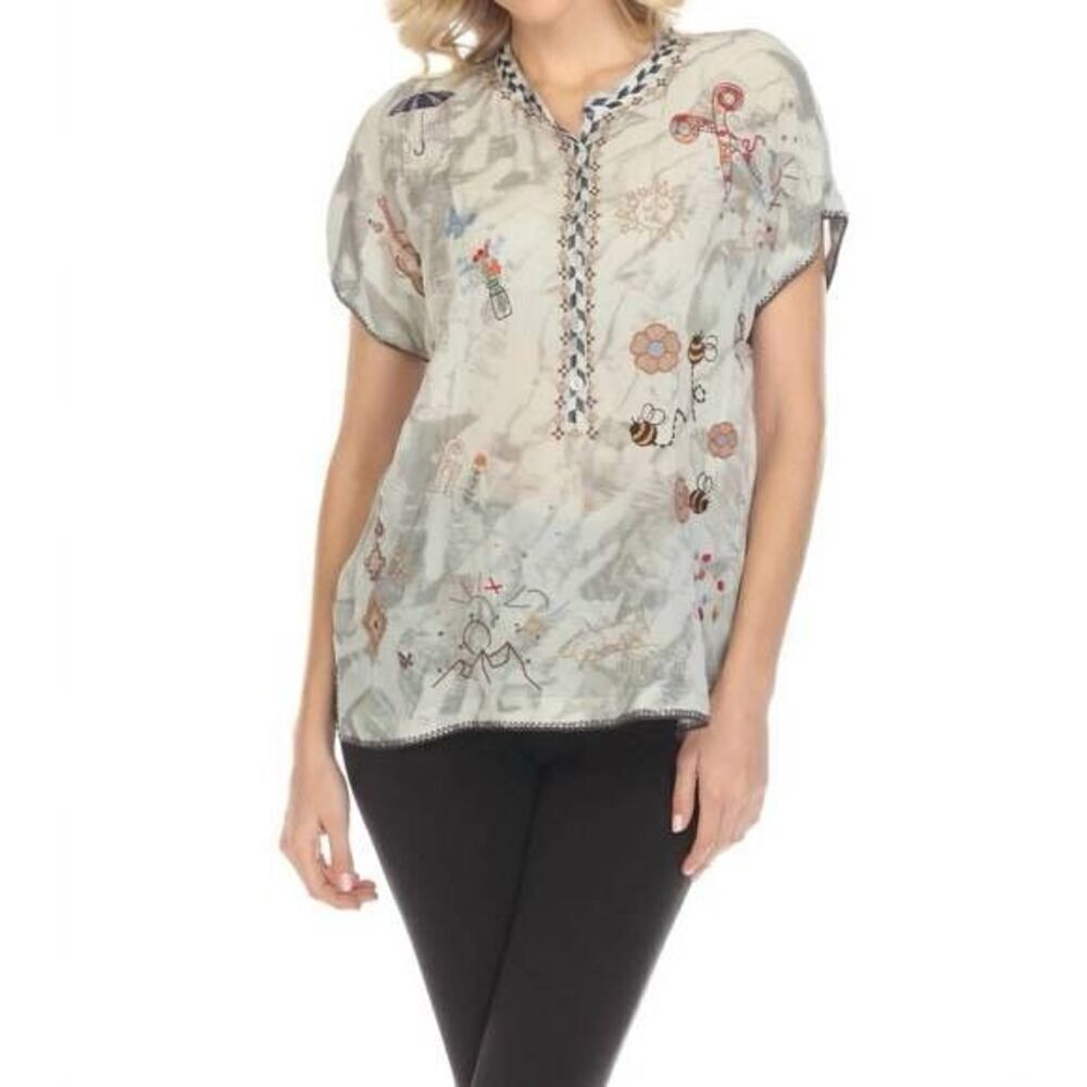 Johnny Was Multicolor Josefina Embroidered Bees Boho Silk Blouse Size 2X NWT